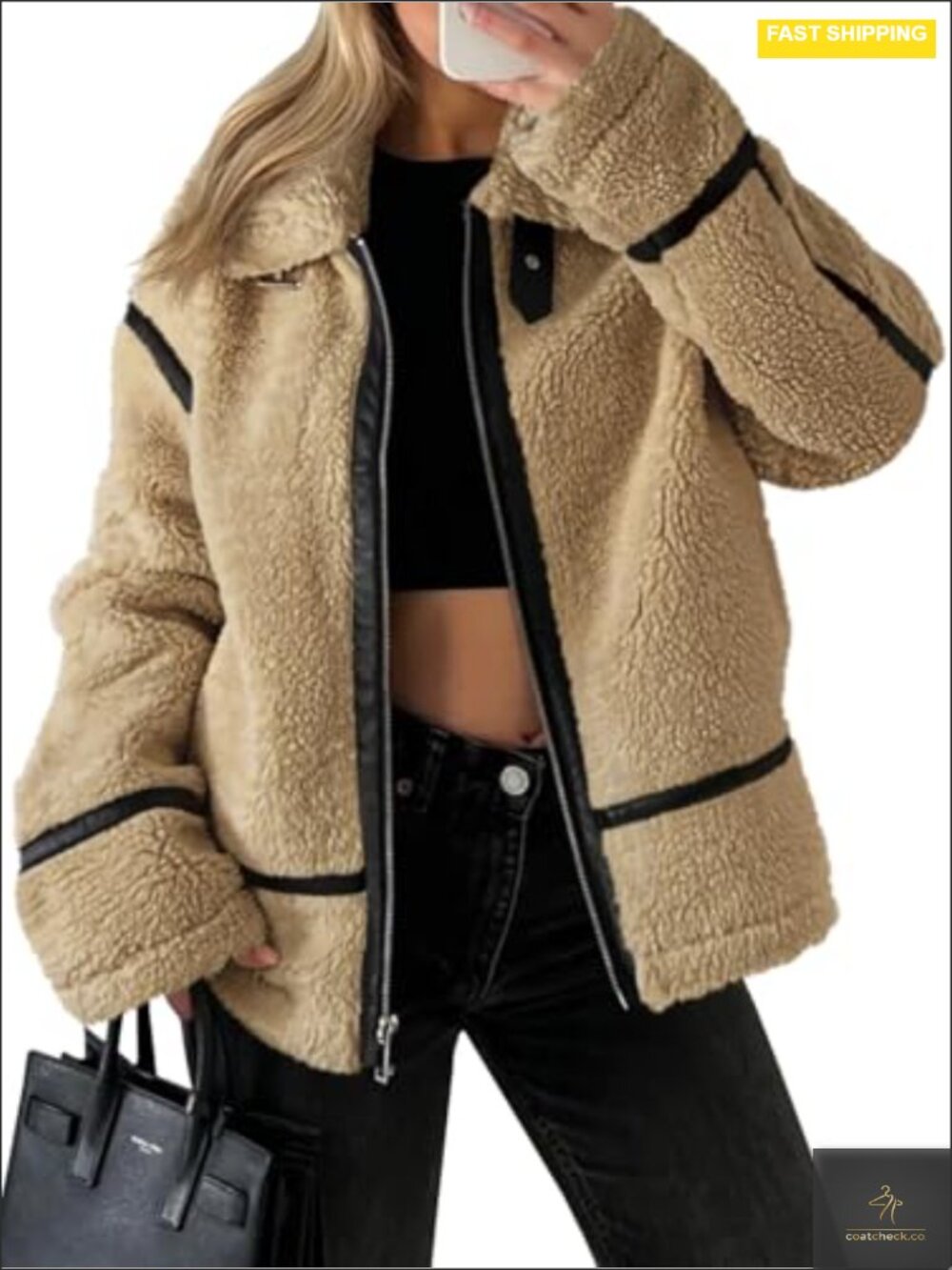 Faux Fur Moto Jacket with Leather Patchwork Zip Up Coat Trendy Winter